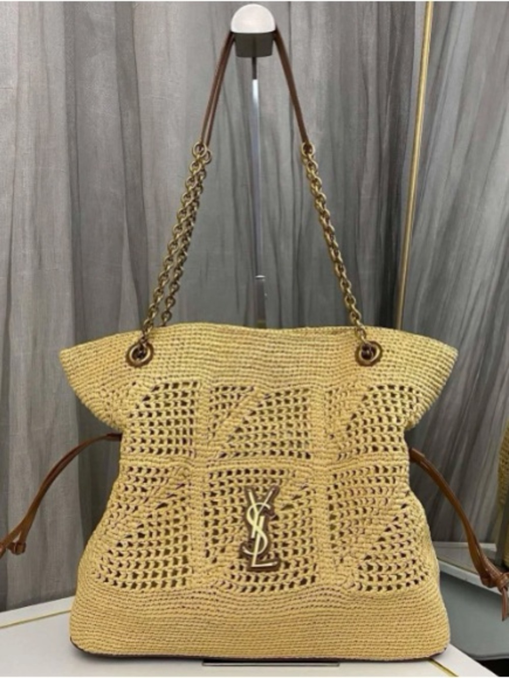 YSL Woven Raffia Shoulder Tote with Metal Logo - Beige